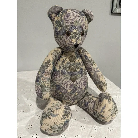 Vintage Floral Tapestry Stuffed Teddy Bear Celestial Buttons 80's Grandmacore‎ - Picture 4 of 6